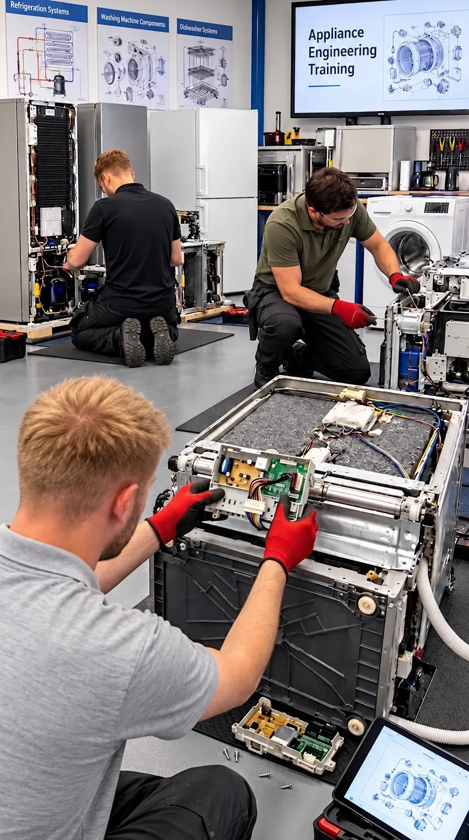 Trainees in an appliance engineering workshop working on stripped-down washing machines, fridges and dryers