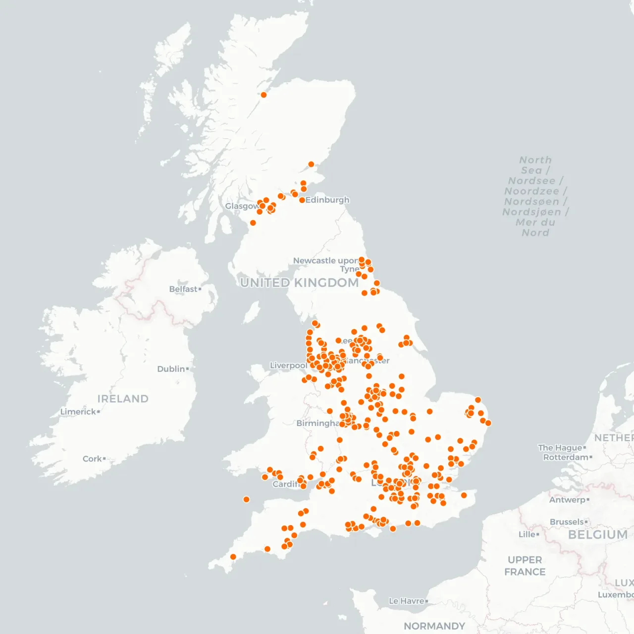 Map of the United Kingdom showing where NAC already operates