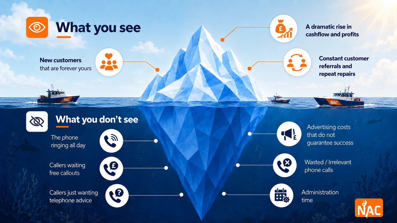 What you see above the surface: a rise in cashflow and profits, new customers that are forever yours, and constant referrals and repeat repairs. What you don't see below: the phone ringing all day, callers waiting on free callouts or just wanting telephone advice, advertising that doesn't guarantee success, wasted calls and admin time - all handled by NAC.